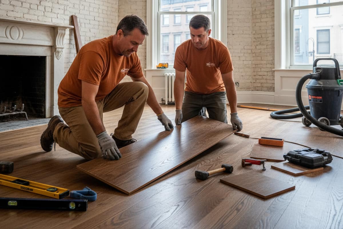 Skilled craftsman installing hardwood planks in a residential setting, showcasing attention to detail and...