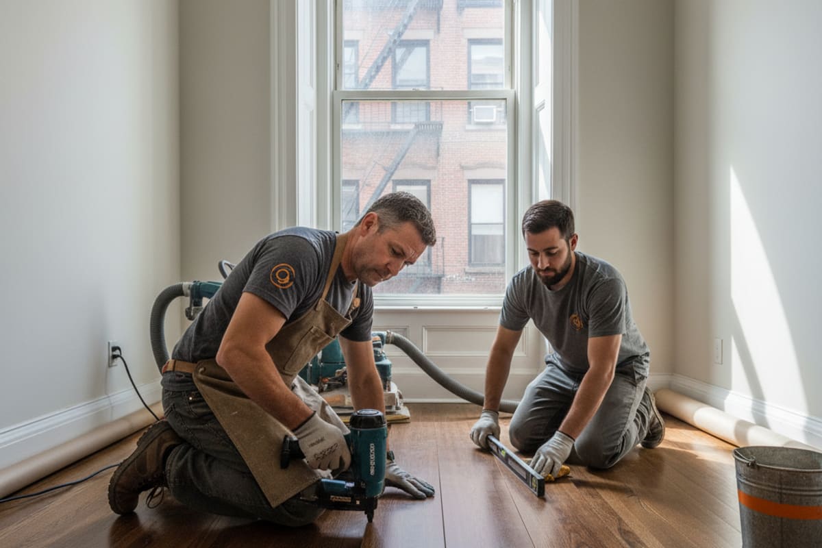 A craftsman from Five Boro Flooring & Hardwood carefully installing hardwood planks.