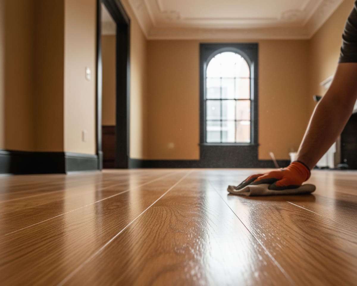 A close-up of a perfectly finished luxury hardwood floor, reflecting light.