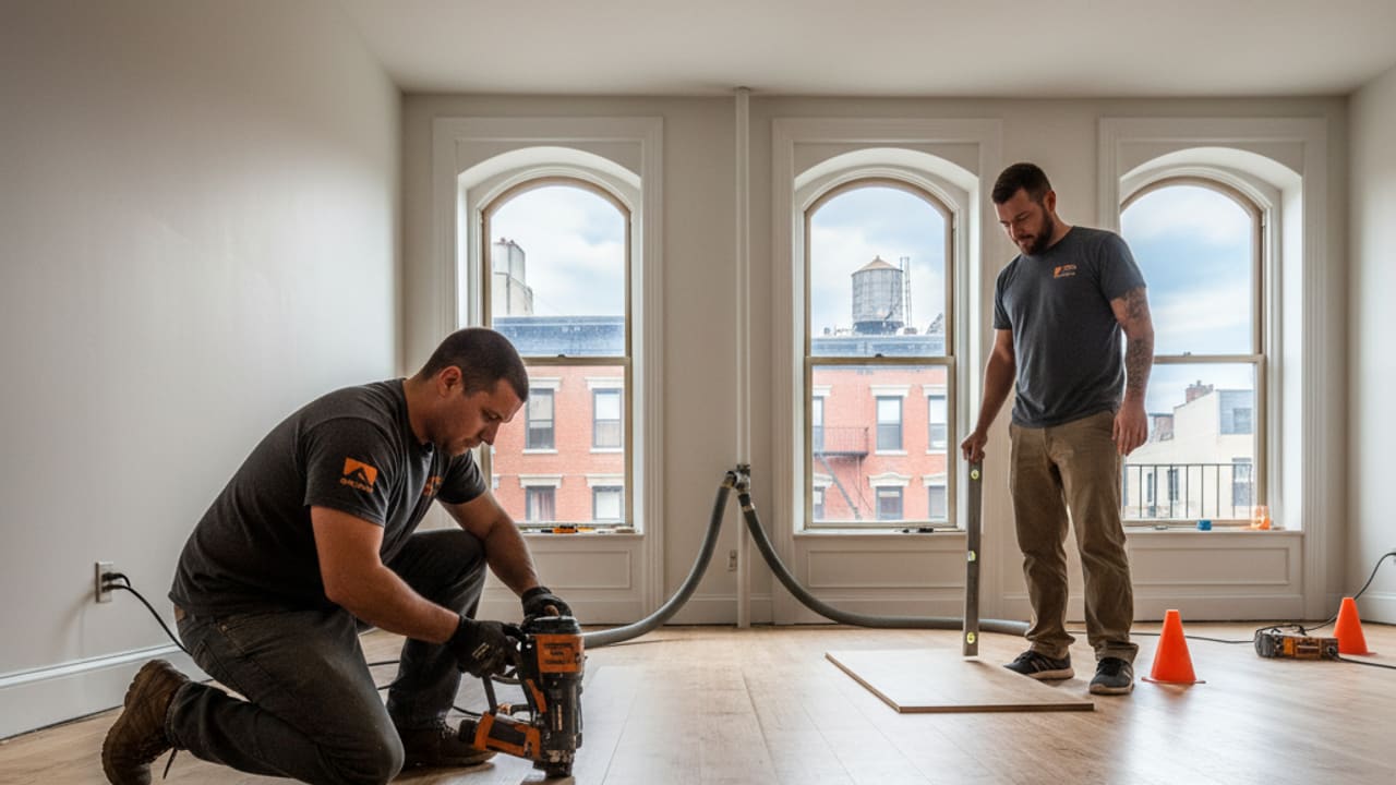 Craftsmen carefully installing a new hardwood floor for a quality finish in a New York home.