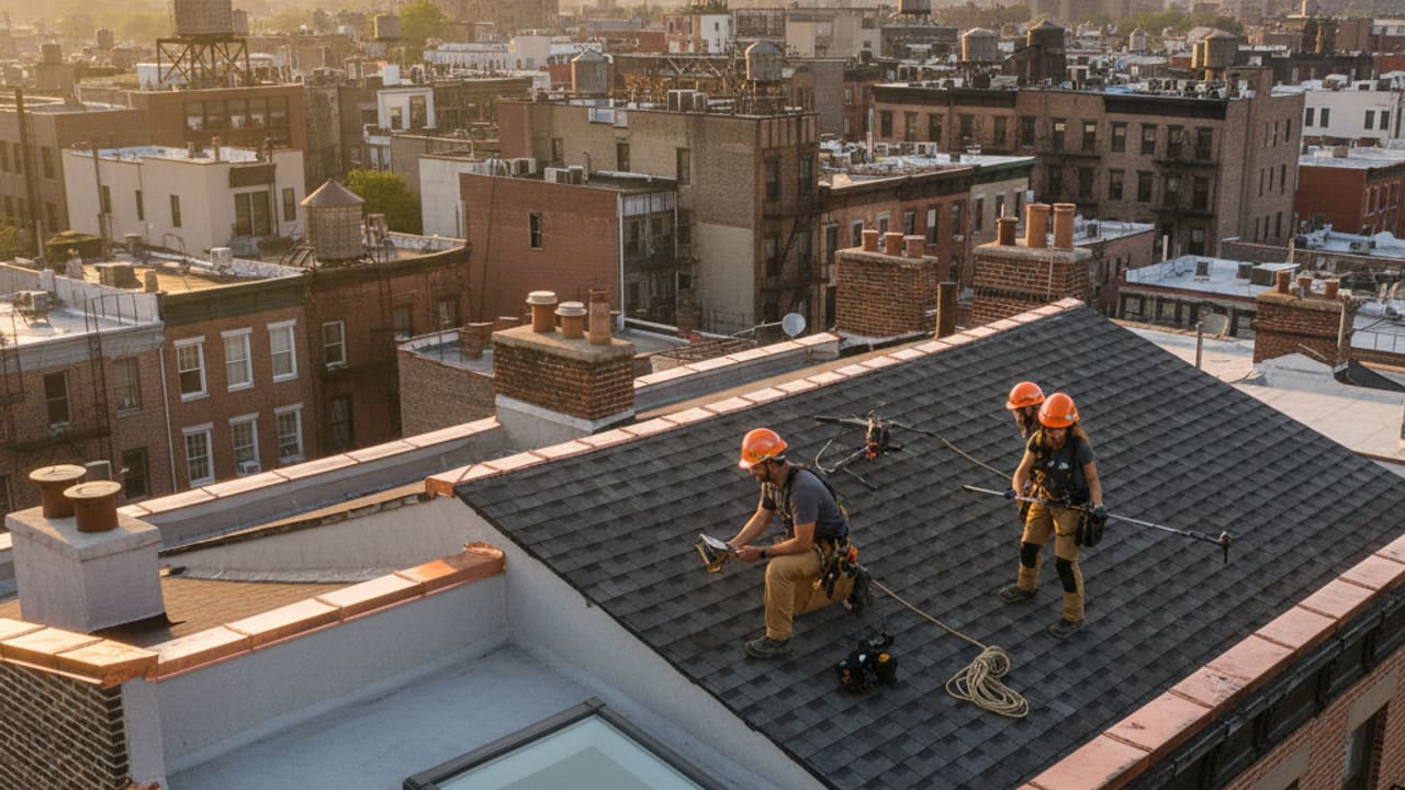An aerial view of a clean, well-maintained residential roof in an urban setting, illustrating a successful roof inspection guide.
