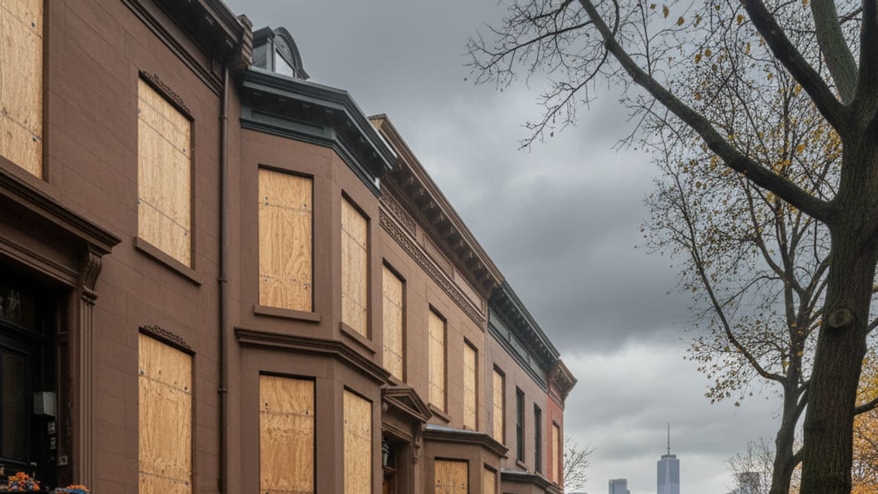 A New York home with boarded windows and sandbags, prepared for a storm, showing effective storm preparedness.