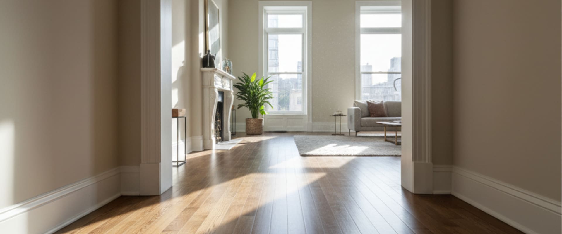 Modern living room with perfectly level, newly installed wide plank hardwood floors catching natural light