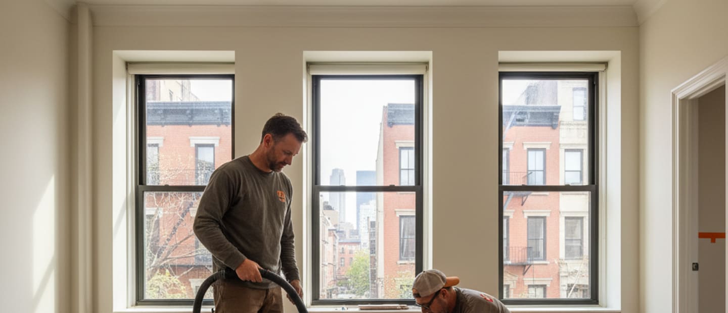 Newly installed luxury hardwood flooring reflecting light in a spacious New York City living room.