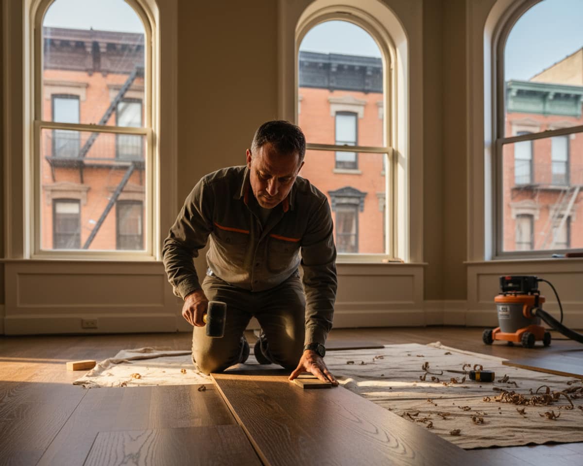 Close-up of a craftsman thoroughly installing hardwood planks in a Bronx residence.