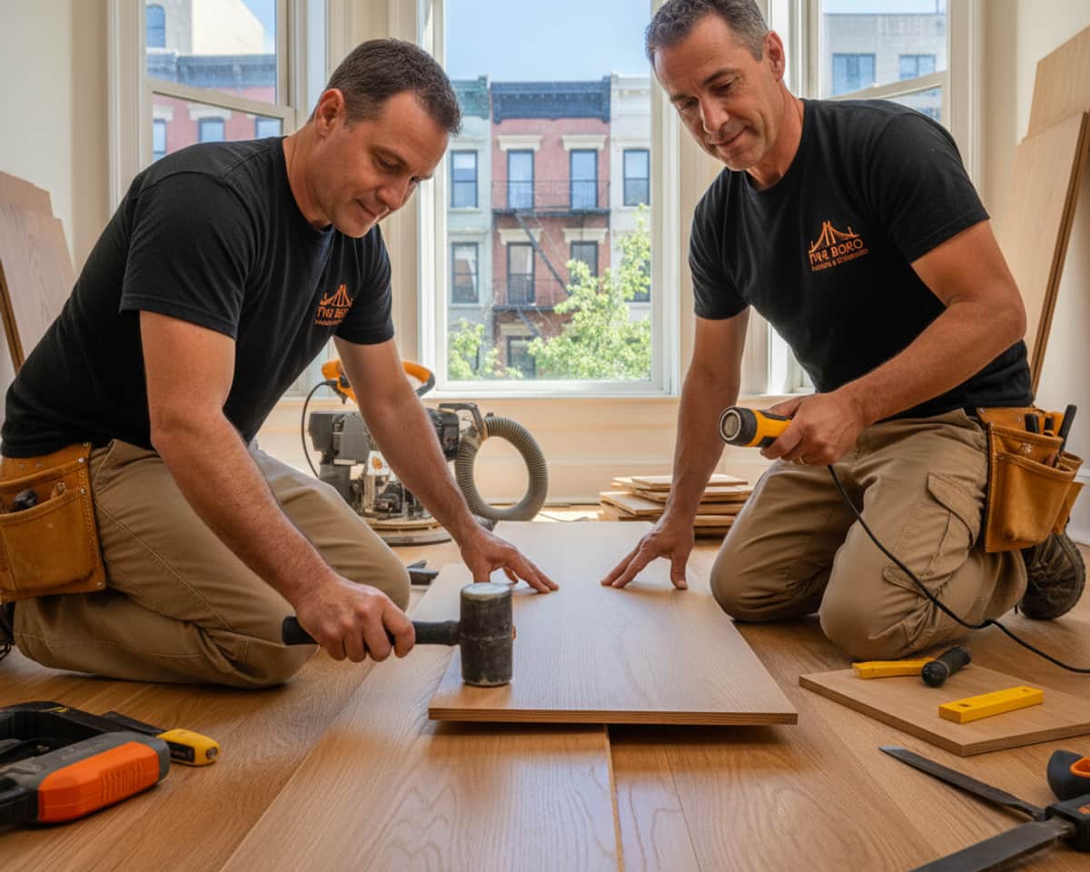 Five Boro Flooring craftsmen installing hardwood planks in a Brooklyn apartment