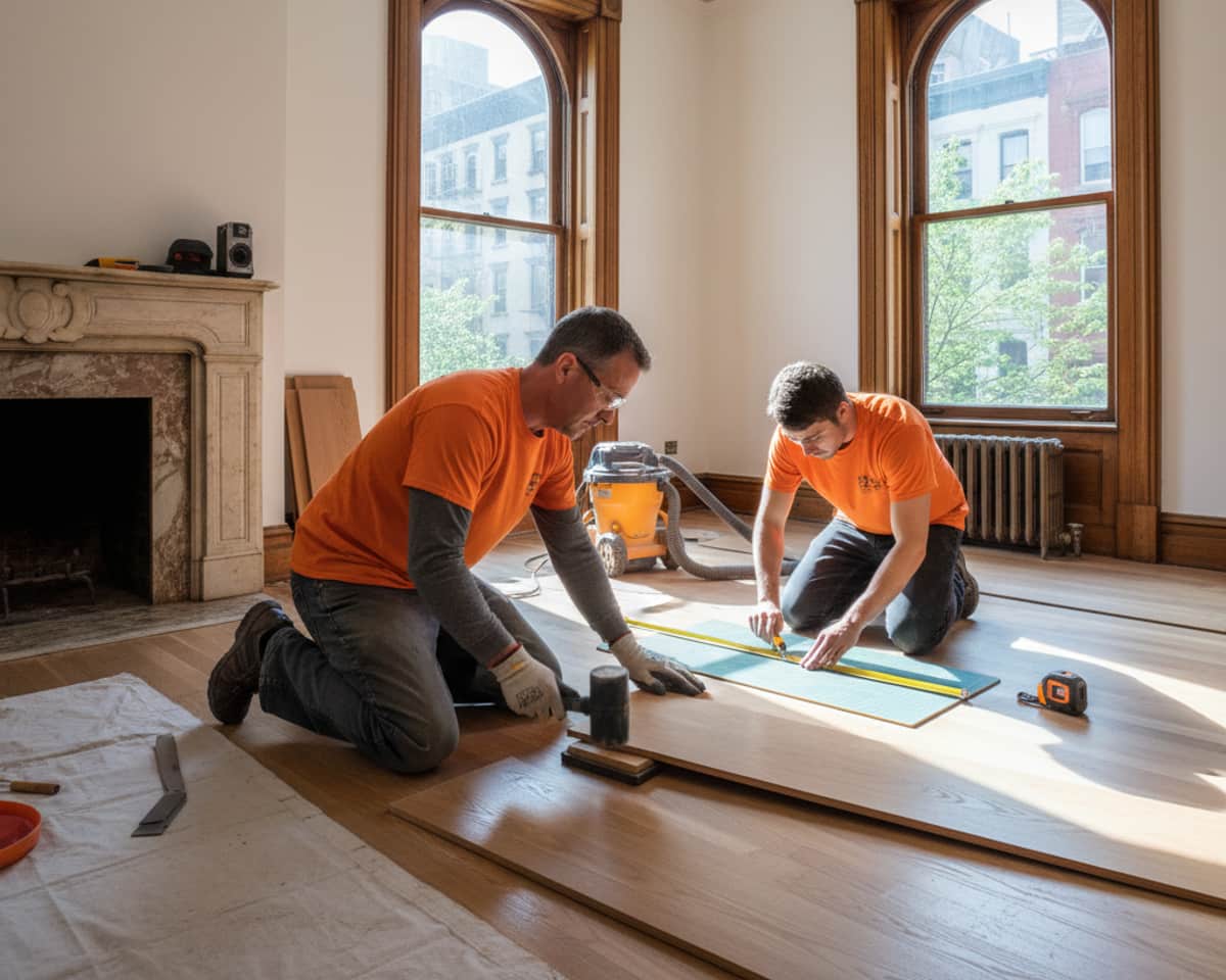 Skilled craftsmen carefully installing hardwood planks in a bright Manhattan living room