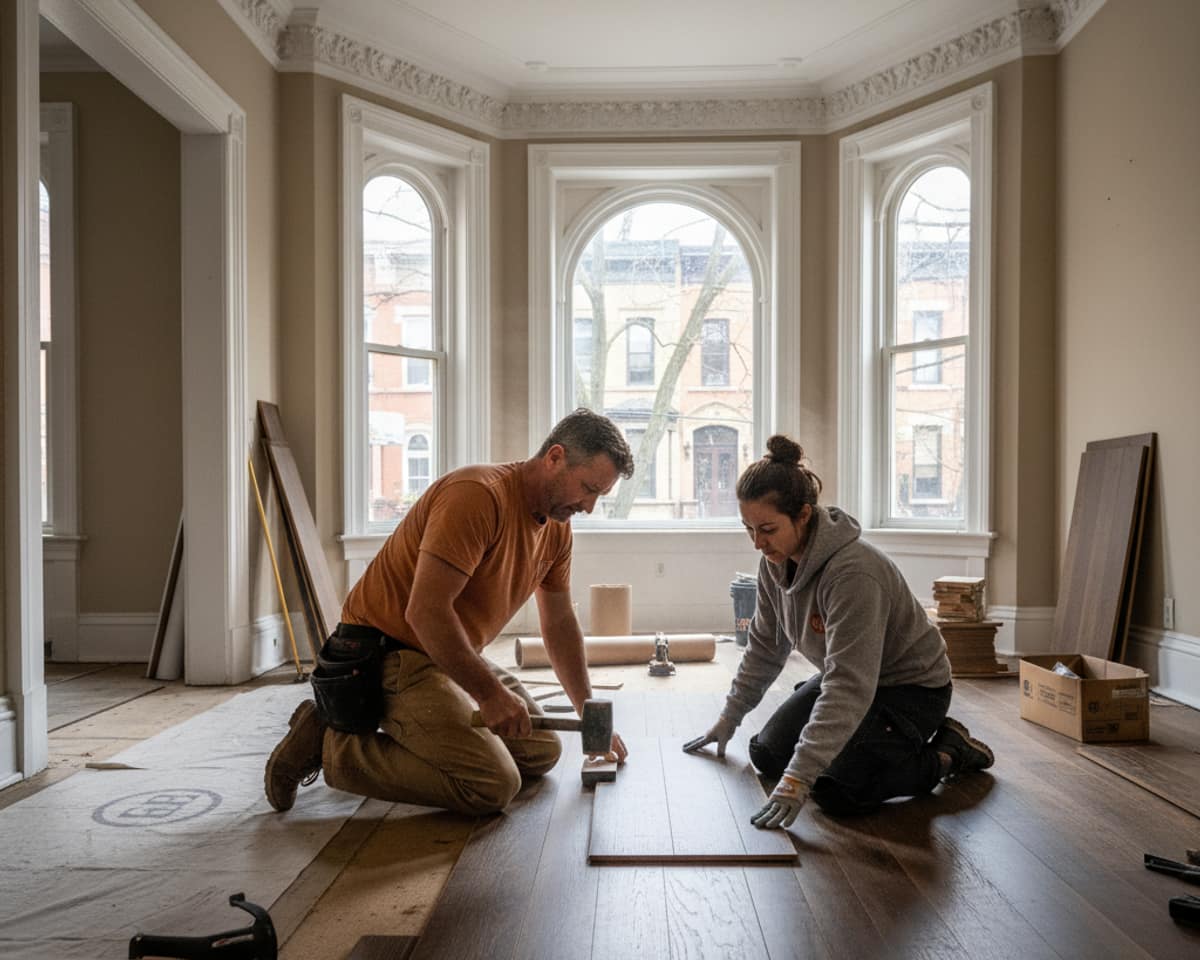 Craftsman installing hardwood planks in a Queens residence