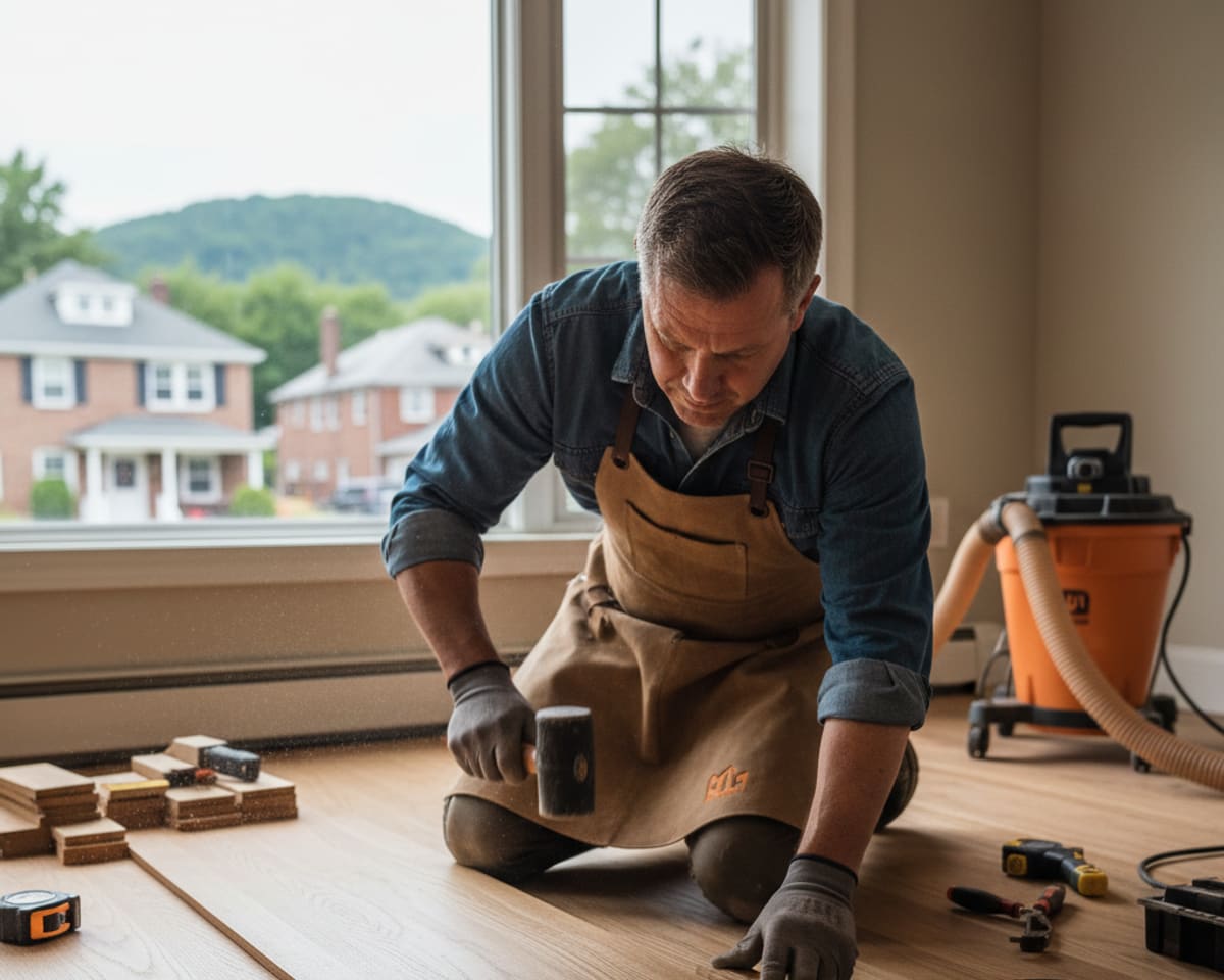 Skilled craftsman thoroughly installing hardwood planks in a Staten Island residence.