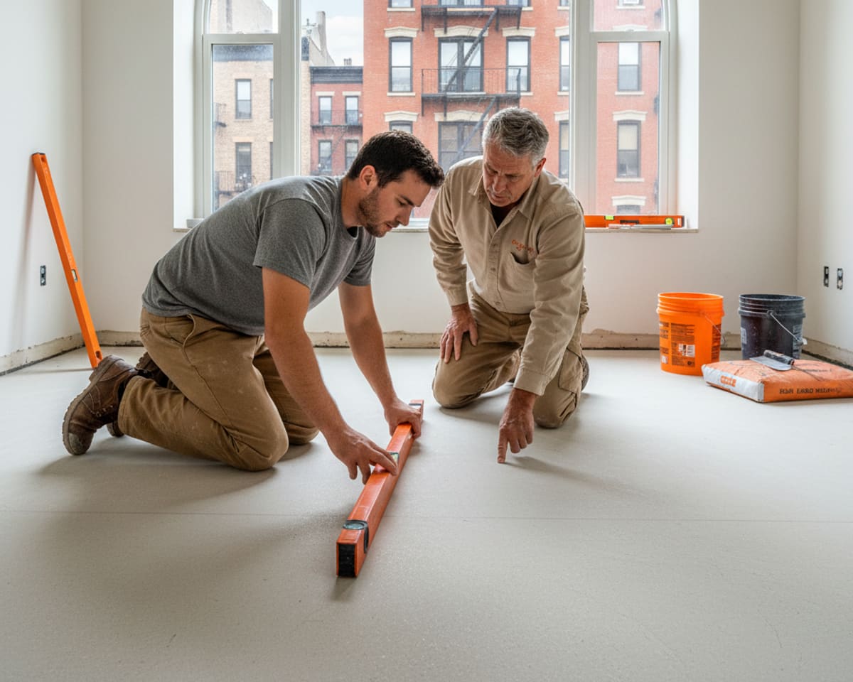 Skilled craftsman checking a newly leveled subfloor in the Bronx with a spirit level