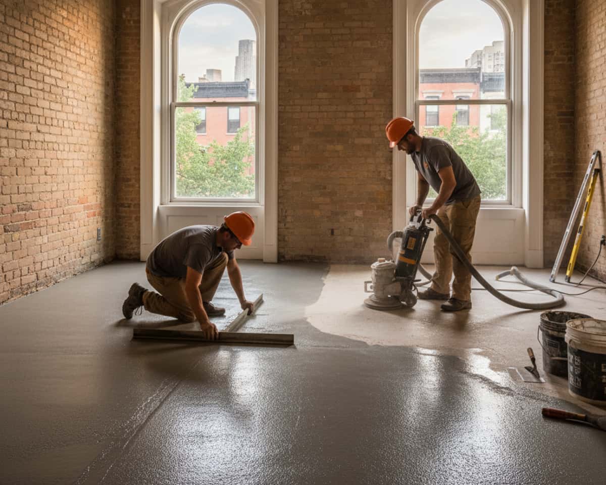 Craftsmen thoroughly working on a floor leveling project in a Brooklyn brownstone