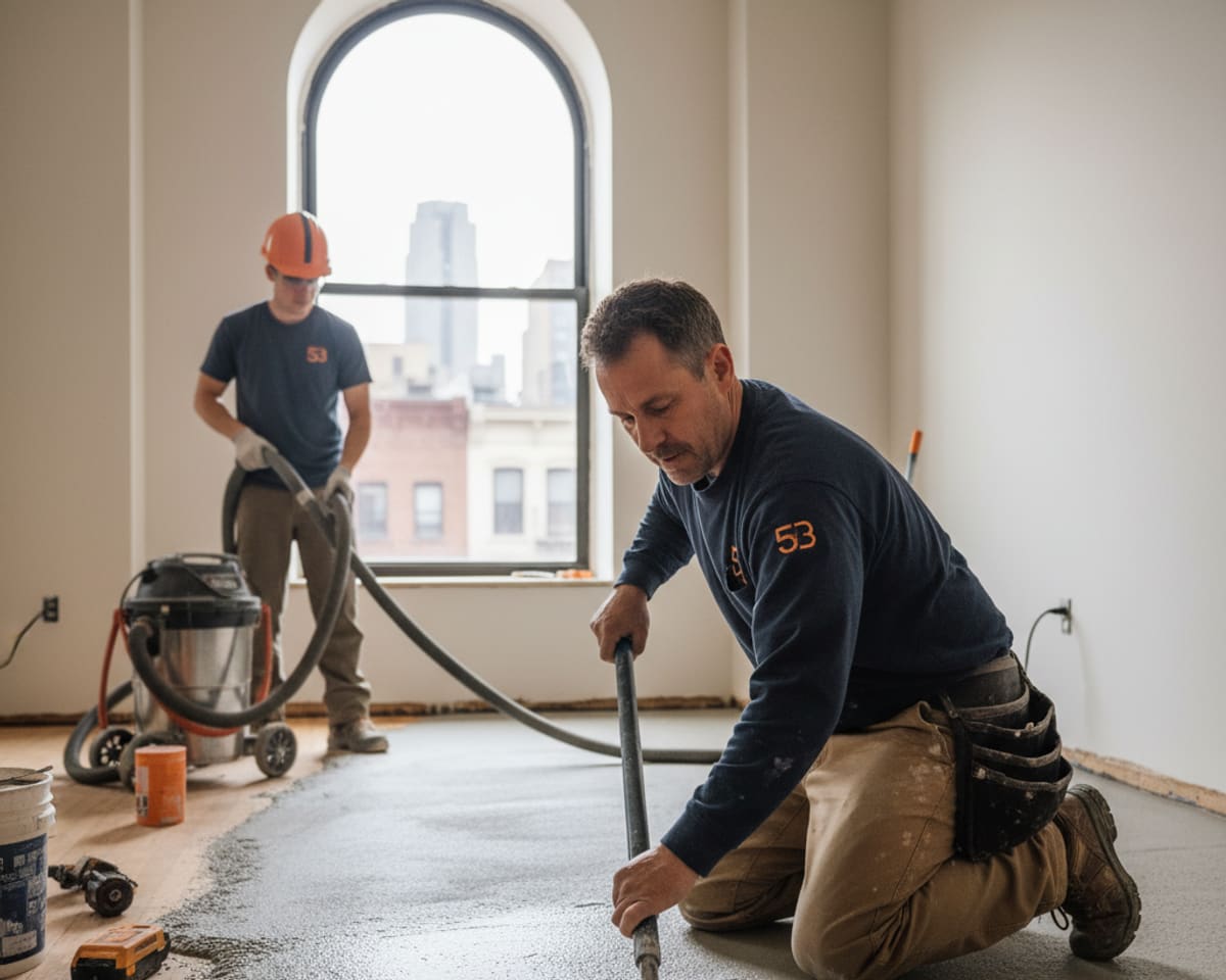 Craftsmen thoroughly preparing a subfloor for leveling in a Manhattan apartment with city views.