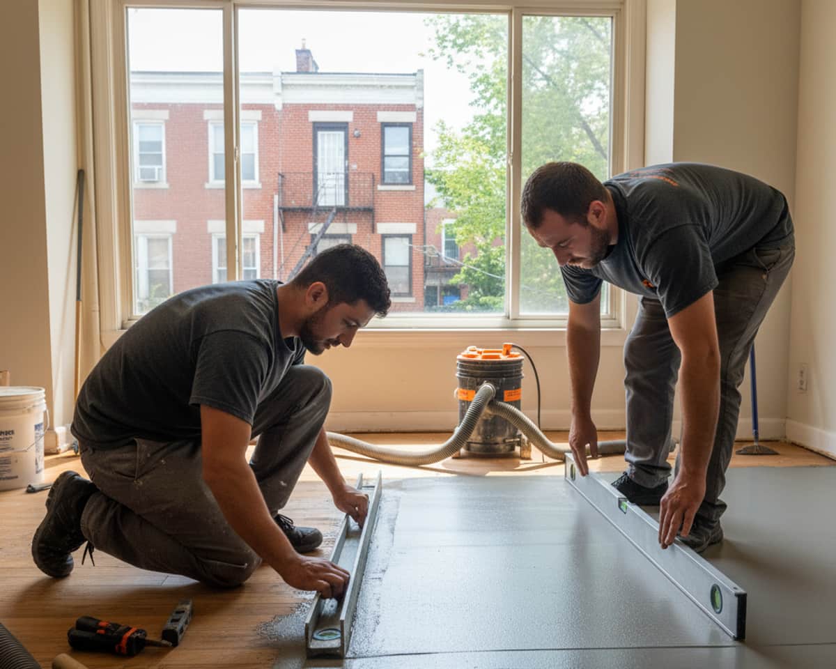A perfectly leveled subfloor in a Queens residence, ready for hardwood installation.