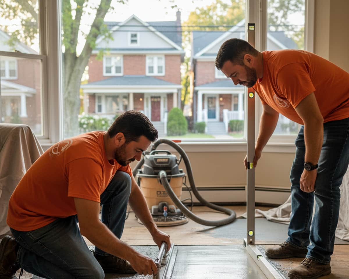 Craftsmen thoroughly working on floor leveling in a Staten Island home.