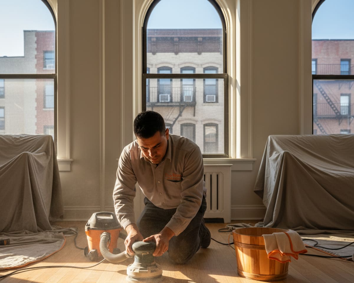 A Five Boro Flooring & Hardwood technician thoroughly cleaning a hardwood floor in a Bronx apartment