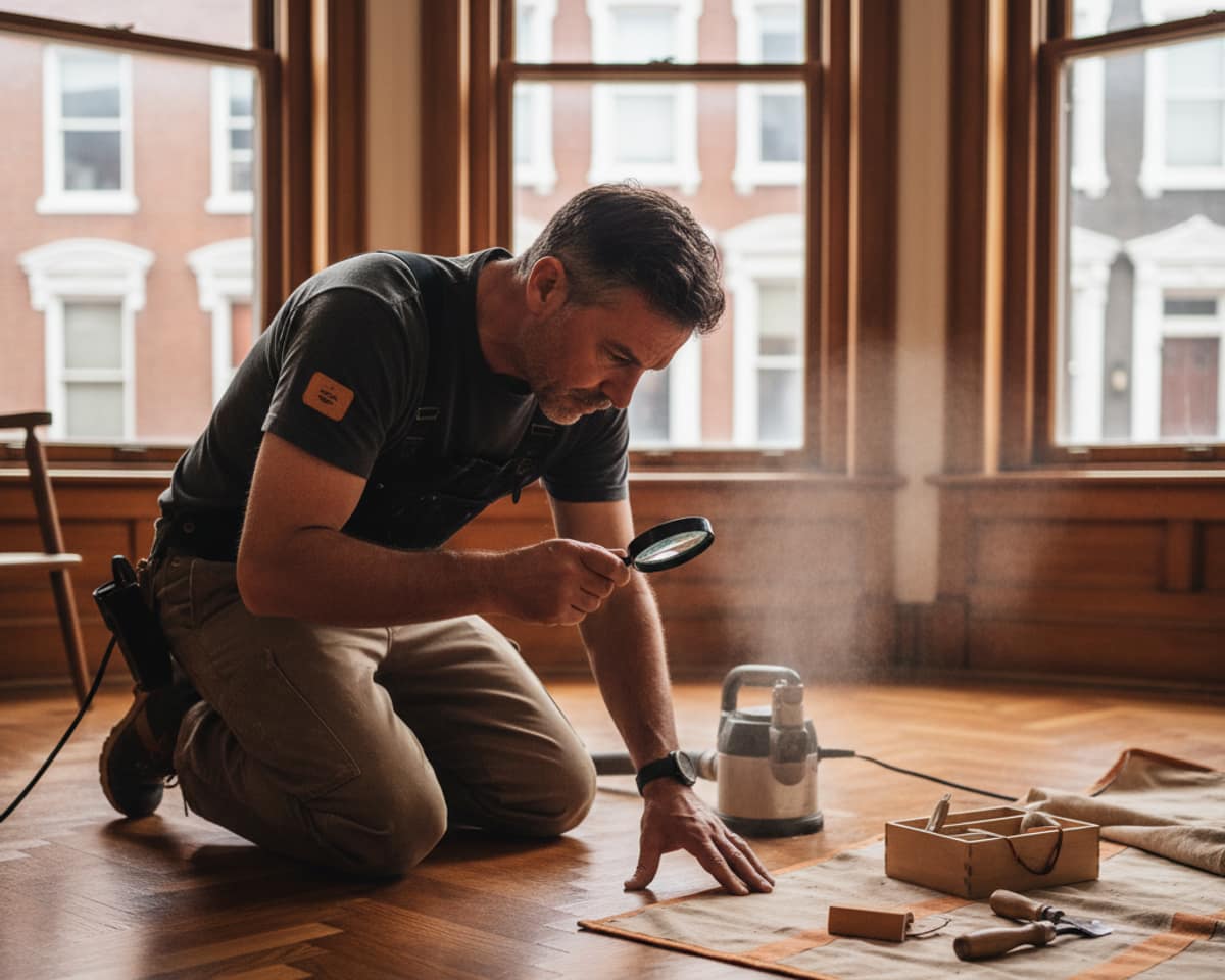 Craftsman carefully inspecting a detailed hardwood floor in a Brooklyn apartment during maintenance.