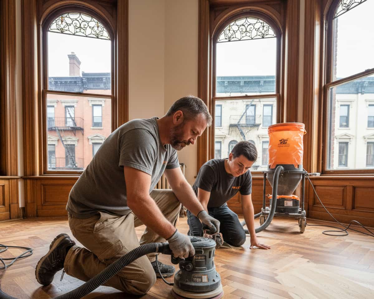 Skilled craftsman performing hardwood floor maintenance on a classic Queens brownstone floor