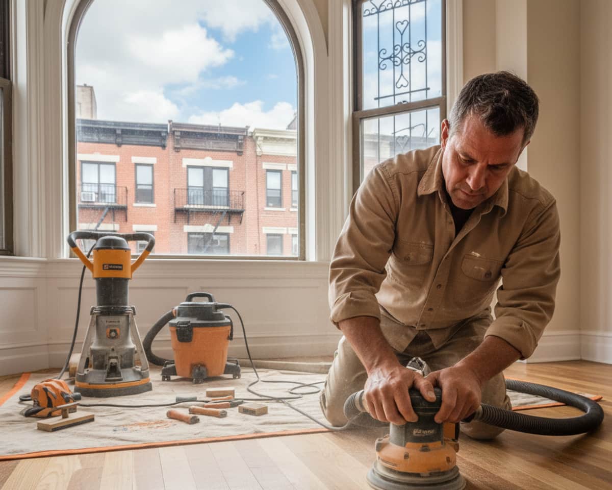 Close-up of a craftsman working on hardwood floor refinishing in a Bronx residence.