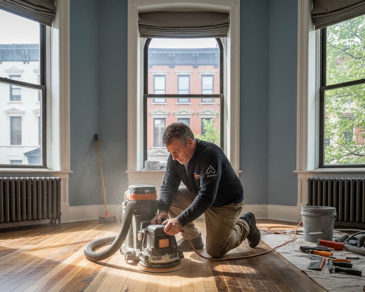 Craftsman thoroughly sanding a hardwood floor in a Brooklyn apartment using a dustless system.