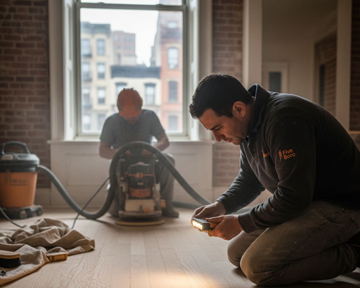 Skilled craftsman inspecting newly sanded hardwood floor refinishing in a Manhattan brownstone