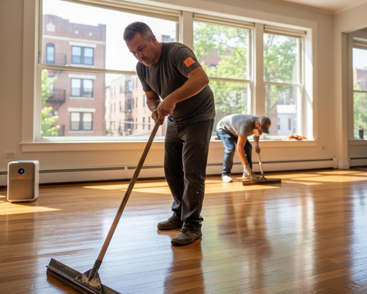 Craftsman applying a finishing coat to a hardwood floor in a Queens residence.