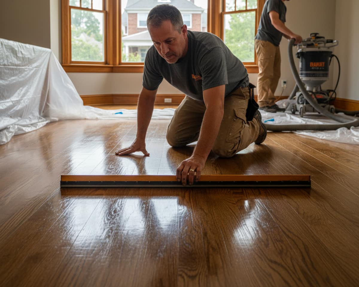 Close-up of a craftsman applying finish to a hardwood floor in Staten Island