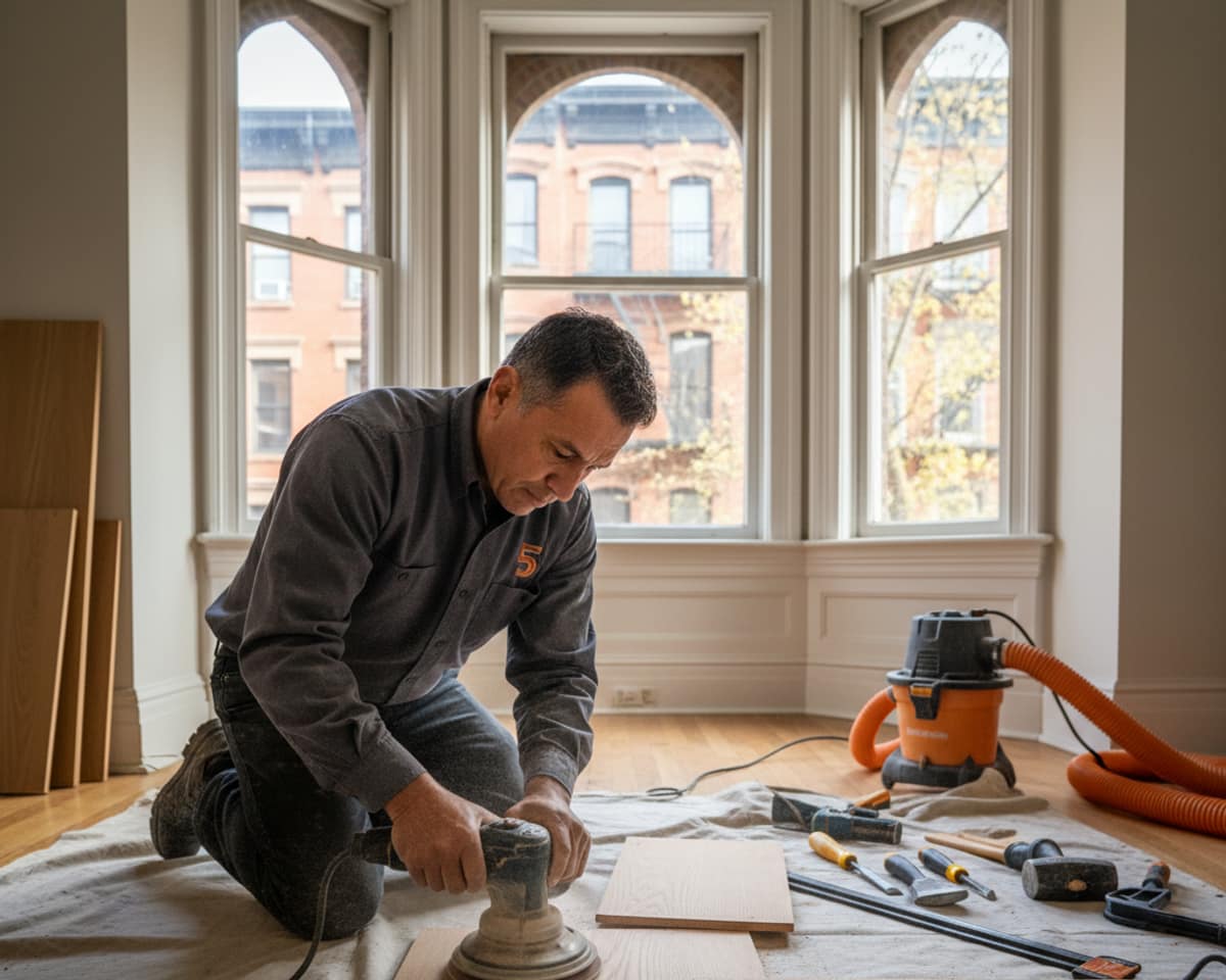 Close-up of a skilled craftsman repairing a section of hardwood floor in the Bronx
