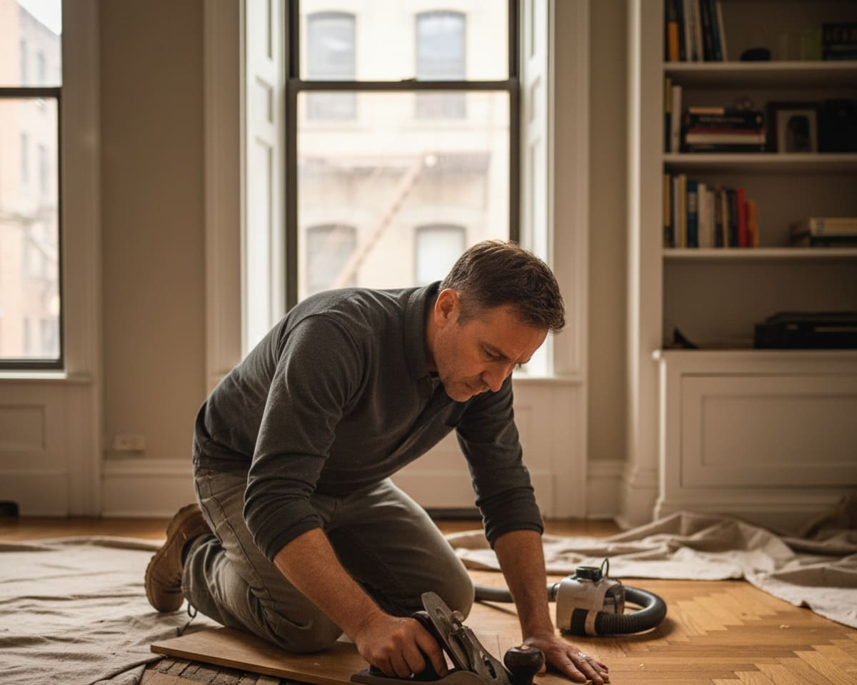 Craftsman thoroughly repairing a section of hardwood flooring in a Brooklyn apartment