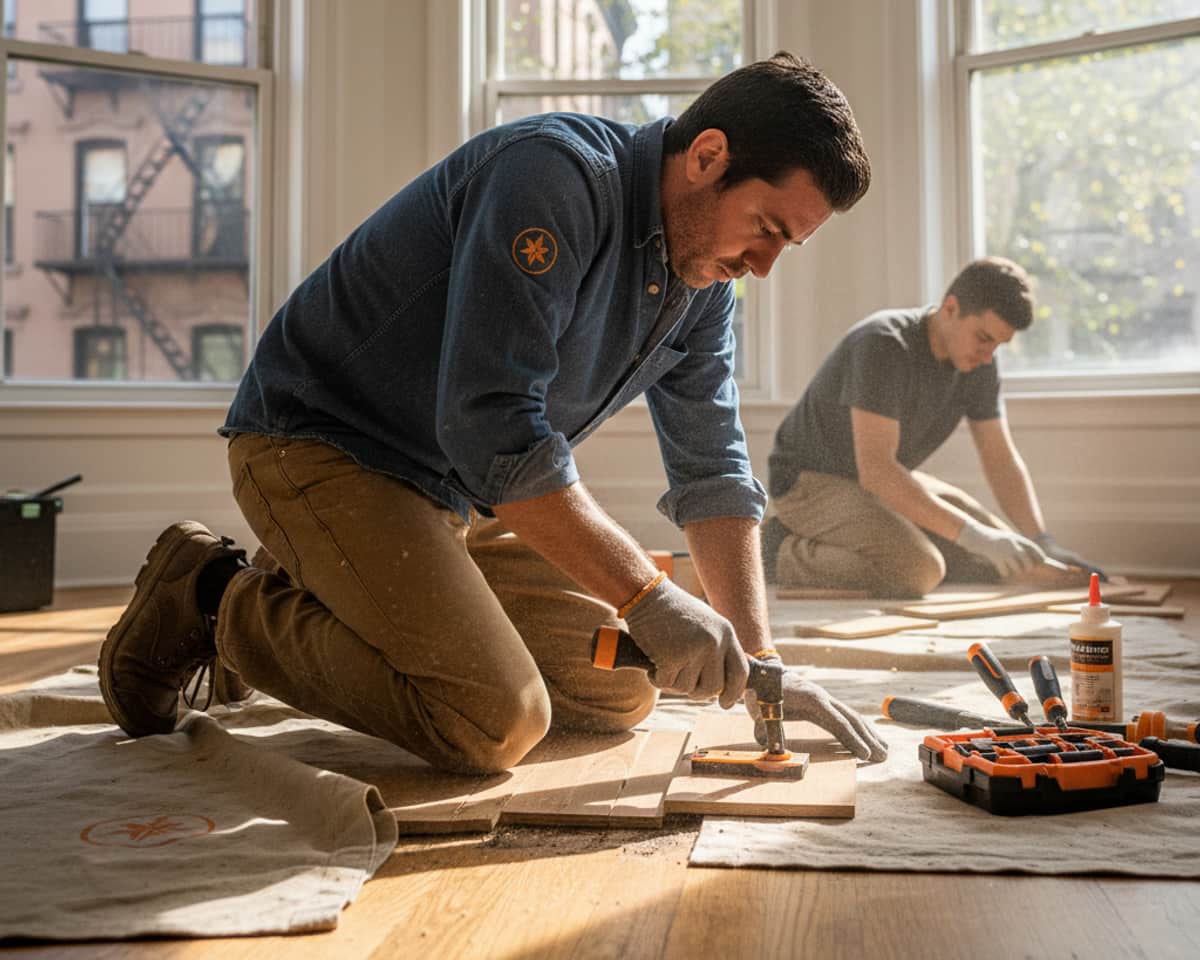 Close-up of a craftsman thoroughly repairing a hardwood floor in a Manhattan apartment