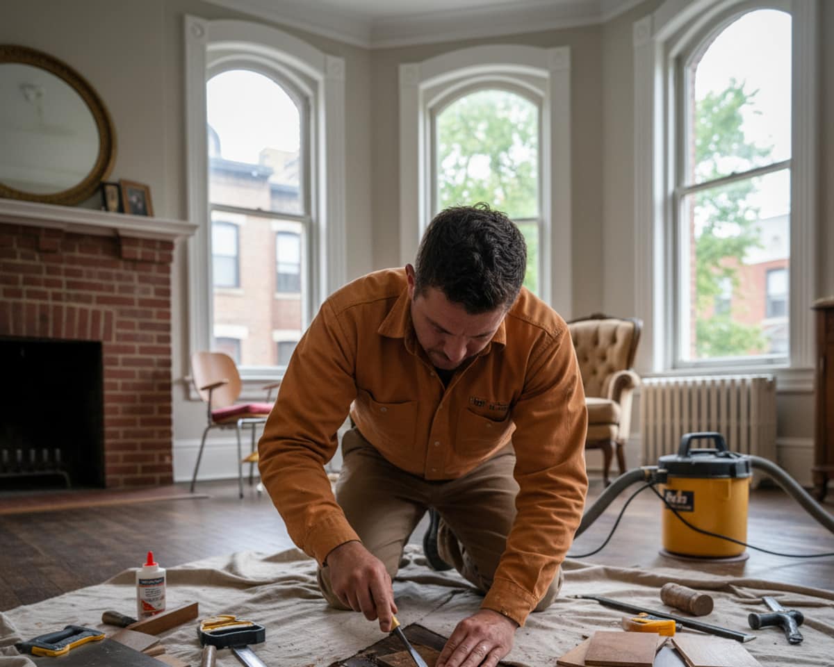 Skilled craftsman carefully repairing a damaged section of hardwood floor in a Queens home.