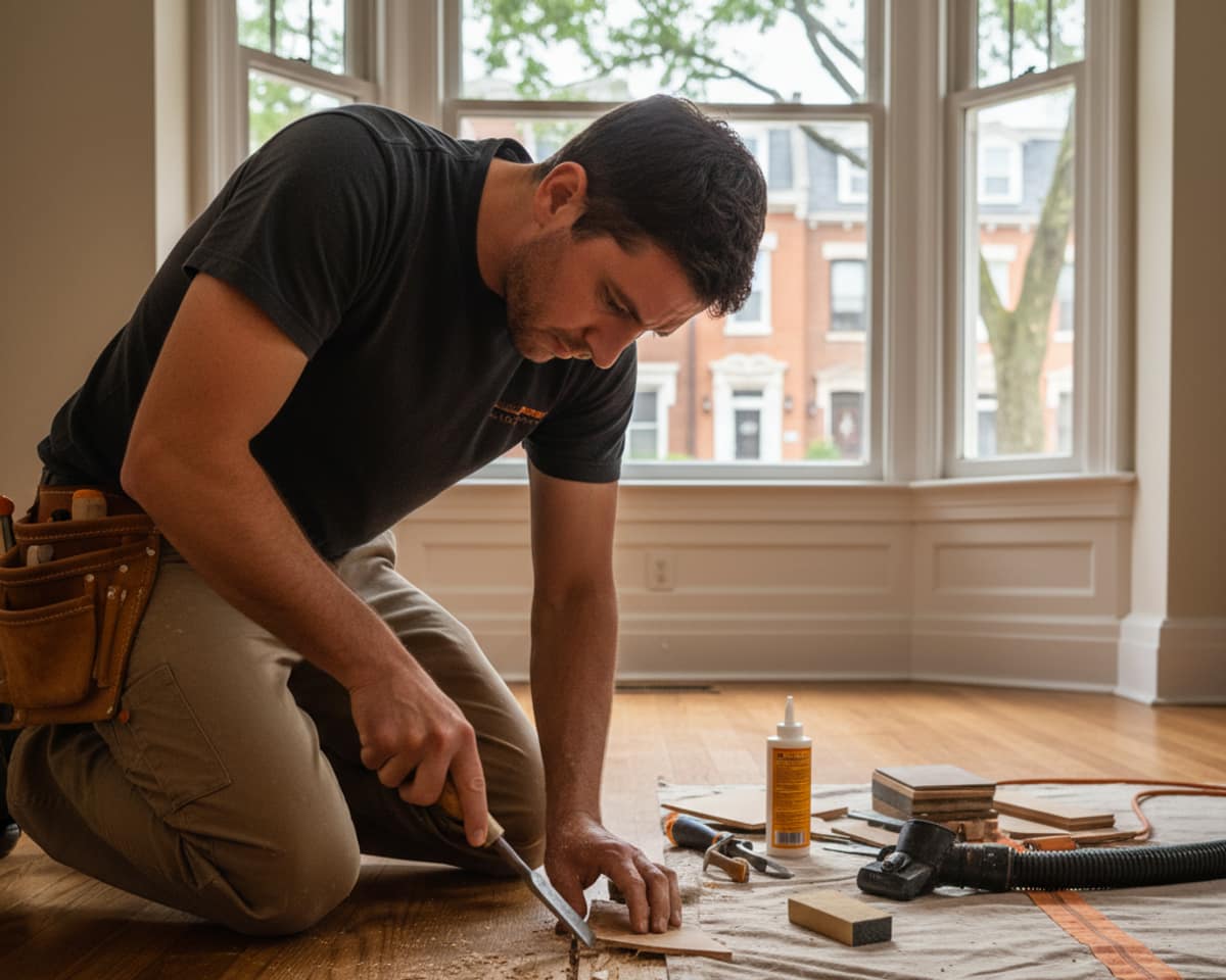 Close-up of a craftsman repairing a damaged hardwood floor plank in Staten Island.