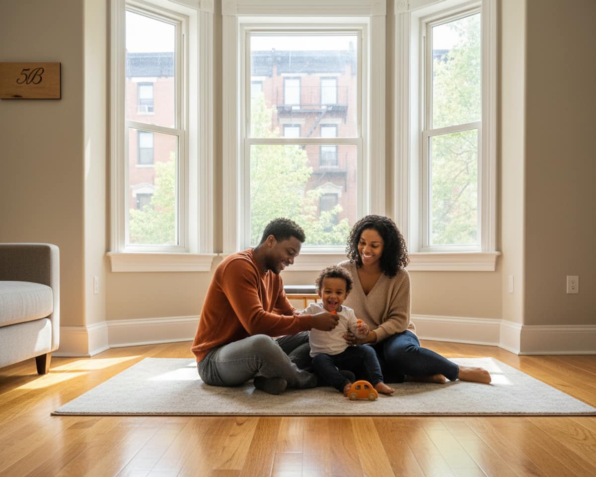 A family enjoying their beautiful, newly installed hardwood floor in their Bronx home.