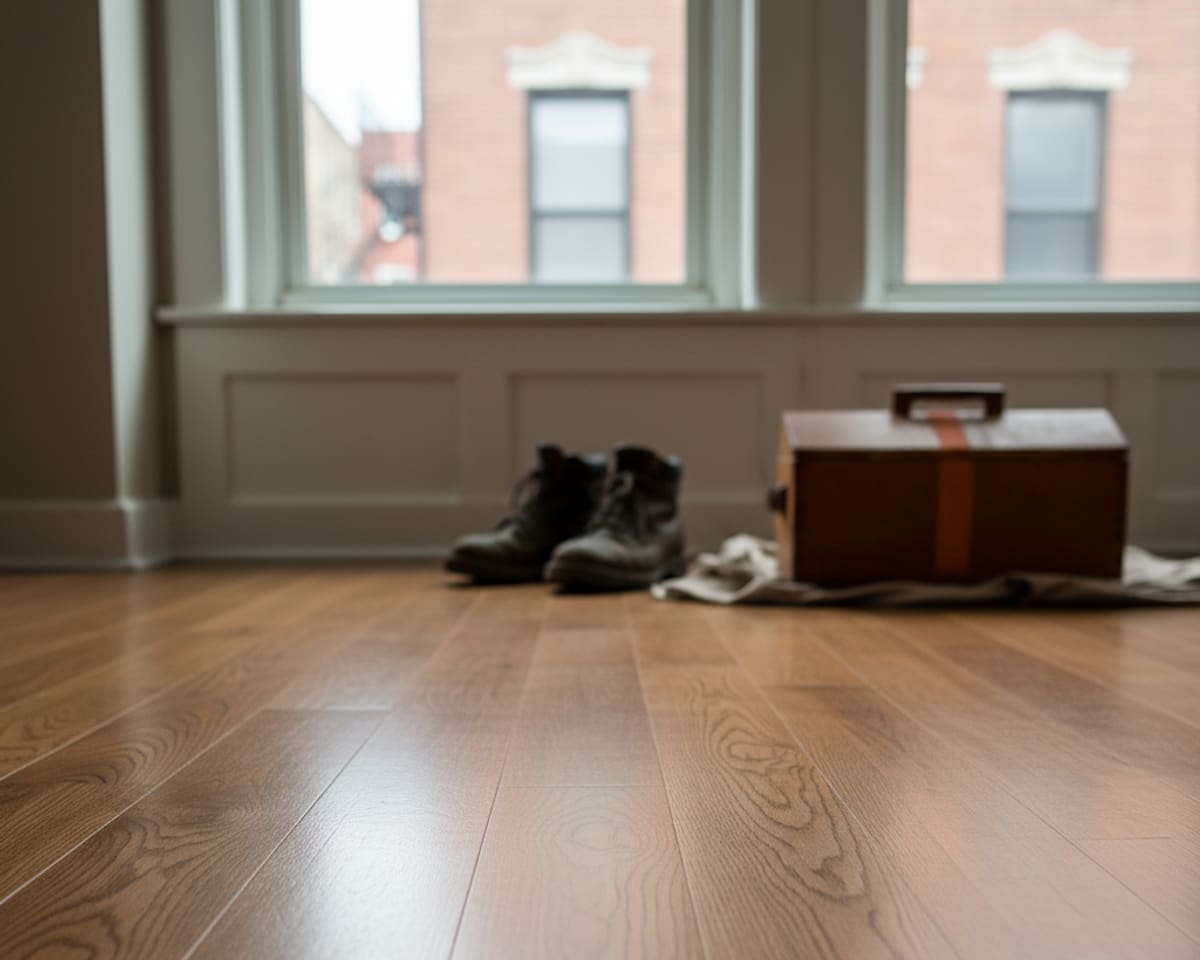 Close-up of a perfectly installed hardwood floor with intricate grain patterns, showing craftsmanship in Brooklyn