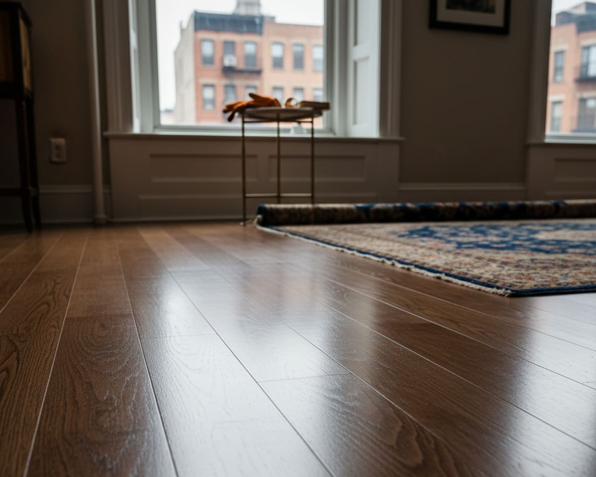 Detail shot of perfectly finished hardwood flooring in a Manhattan home, showcasing craftsmanship