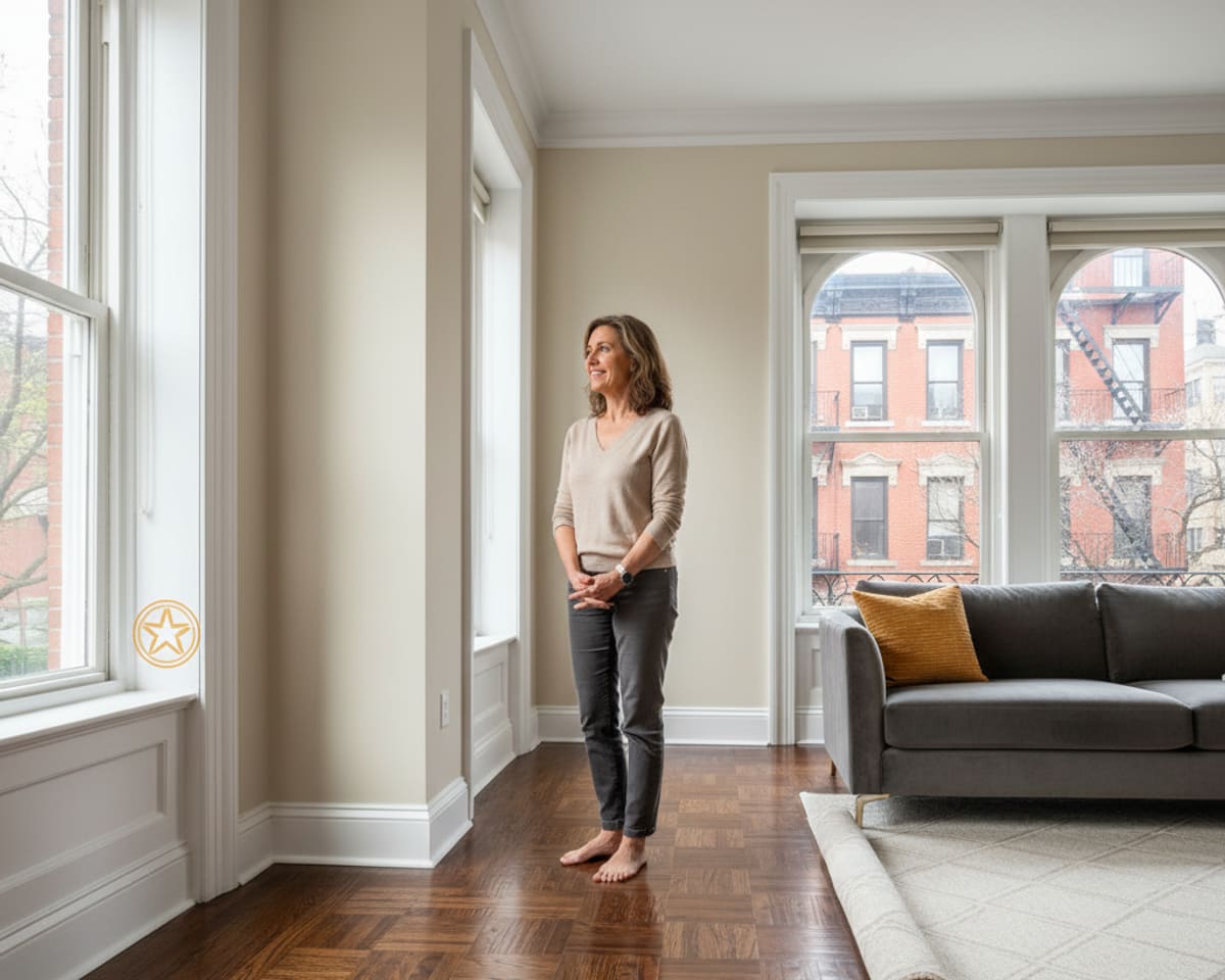 Customer admiring newly refinished luxurious hardwood floor in a Queens apartment