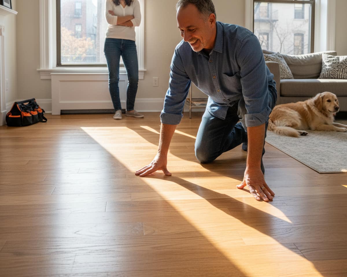 A satisfied homeowner in the Bronx admiring their perfectly level and newly installed hardwood floor