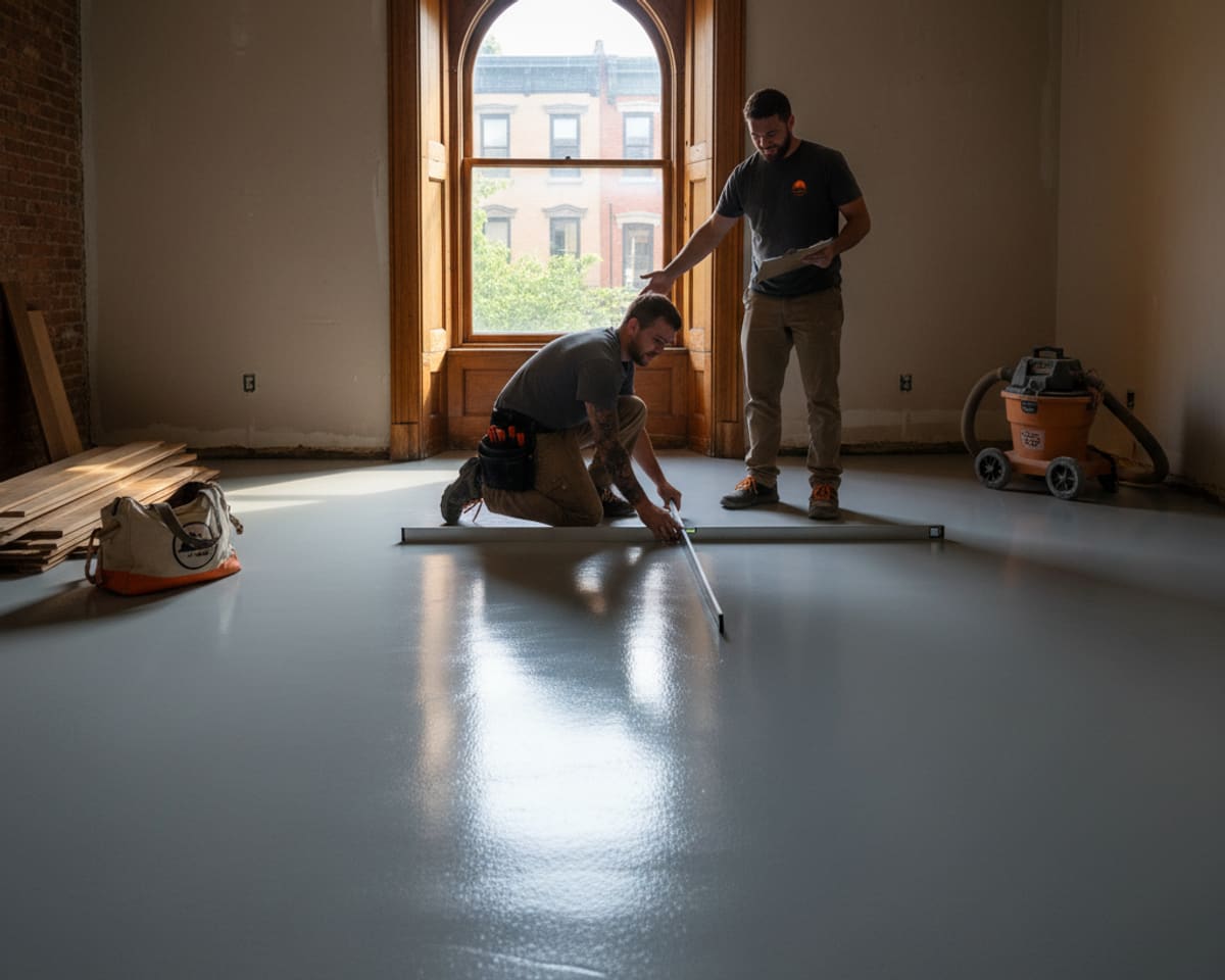Finished, perfectly flat subfloor surface after expert floor leveling by Five Boro Flooring
