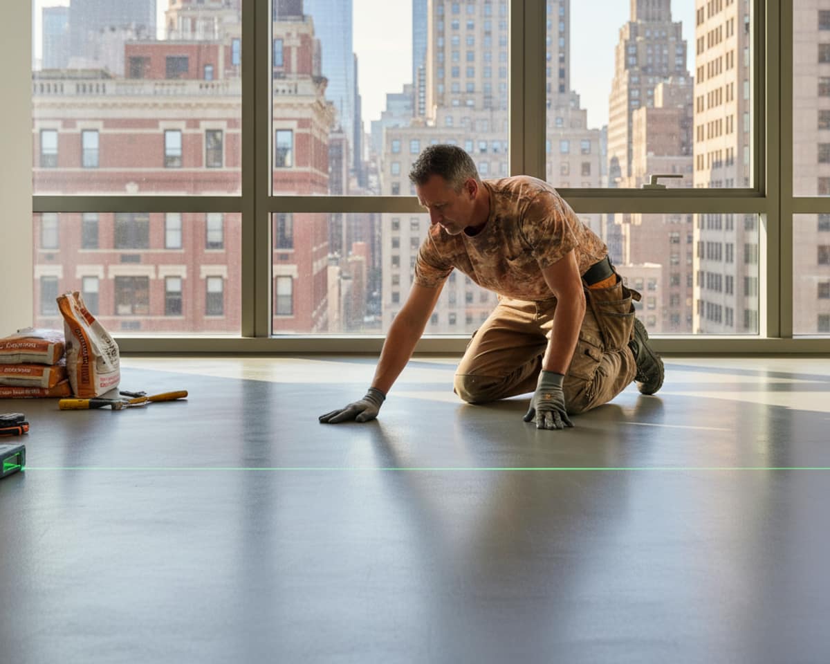 A skilled craftsman inspecting a perfectly leveled subfloor surface in a modern Manhattan high-rise.