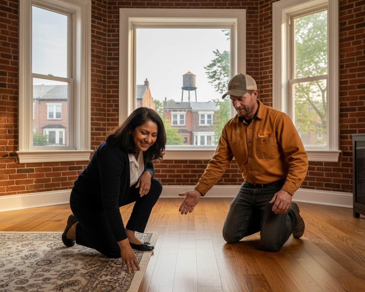 A satisfied homeowner inspecting their newly leveled floor in Queens.