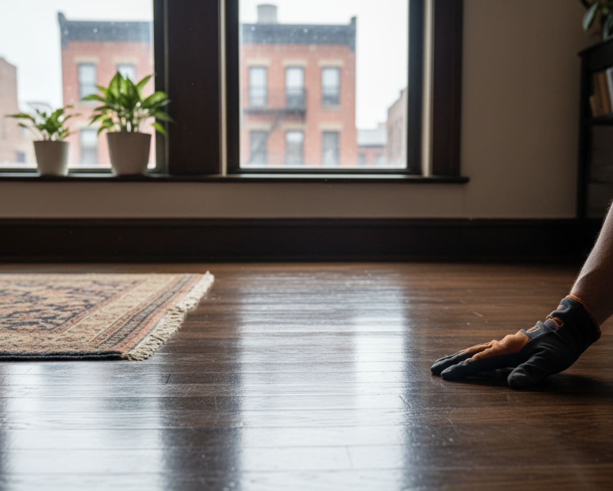 Close-up of freshly maintained hardwood flooring showing a luxurious, flawless finish in a Bronx residence