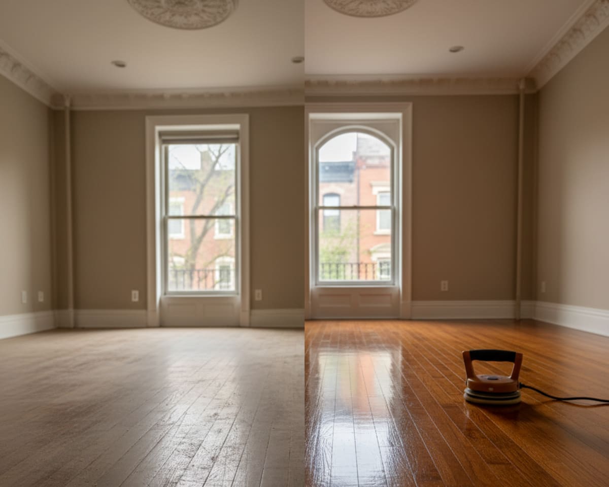 Before and after view of a restored hardwood floor in a Brooklyn brownstone after professional maintenance.