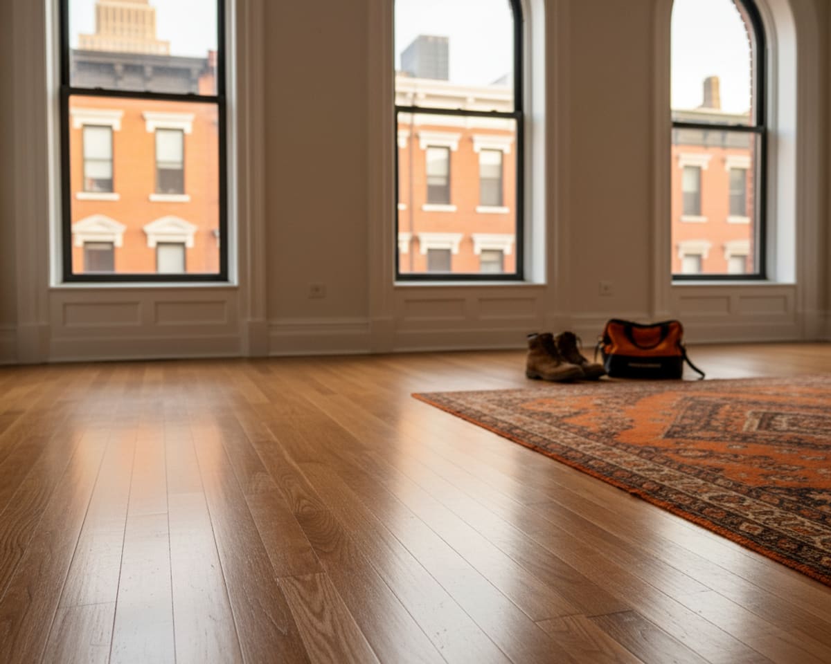 Professional floor maintenance team working diligently on a hardwood floor in a classic Manhattan brownstone.