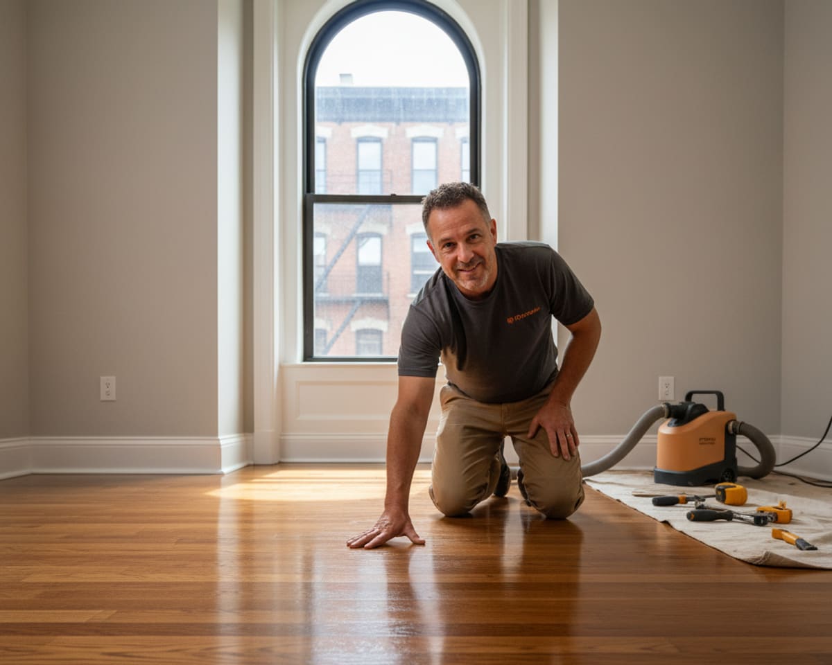 Five Boro Flooring & Hardwood team member inspecting a newly refinished floor in a Bronx property.