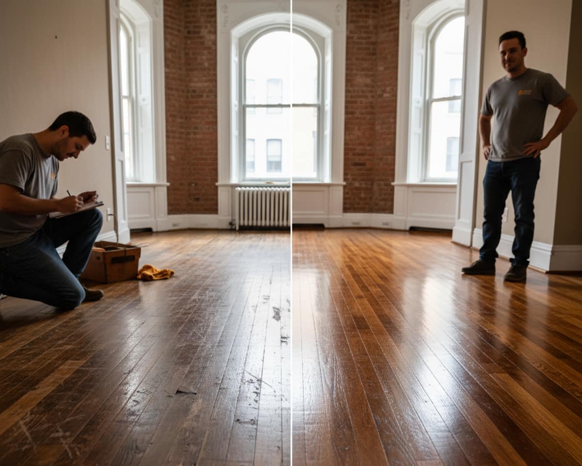 Before and after comparison of a damaged hardwood floor in a Brooklyn home, transformed by expert refinishing.
