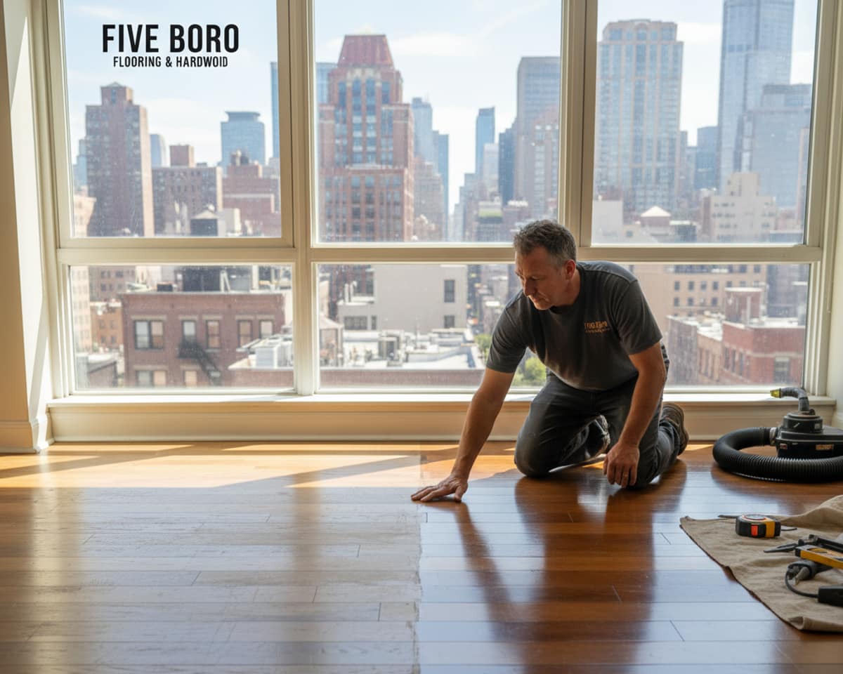 Before and after comparison of a dull to vibrant hardwood floor refinishing project in a New York City setting.