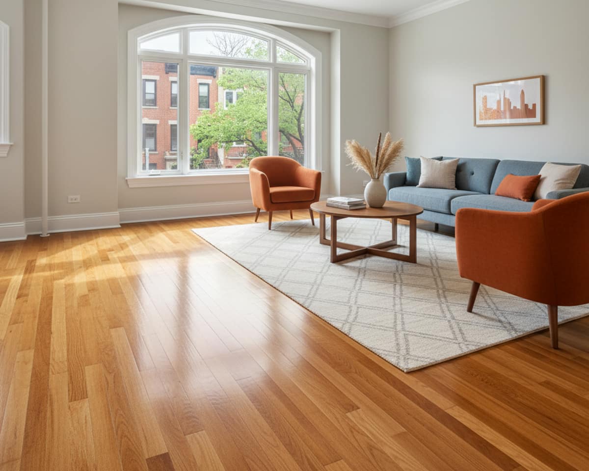 Elegant living room with newly restored hardwood floors in a Queens apartment.