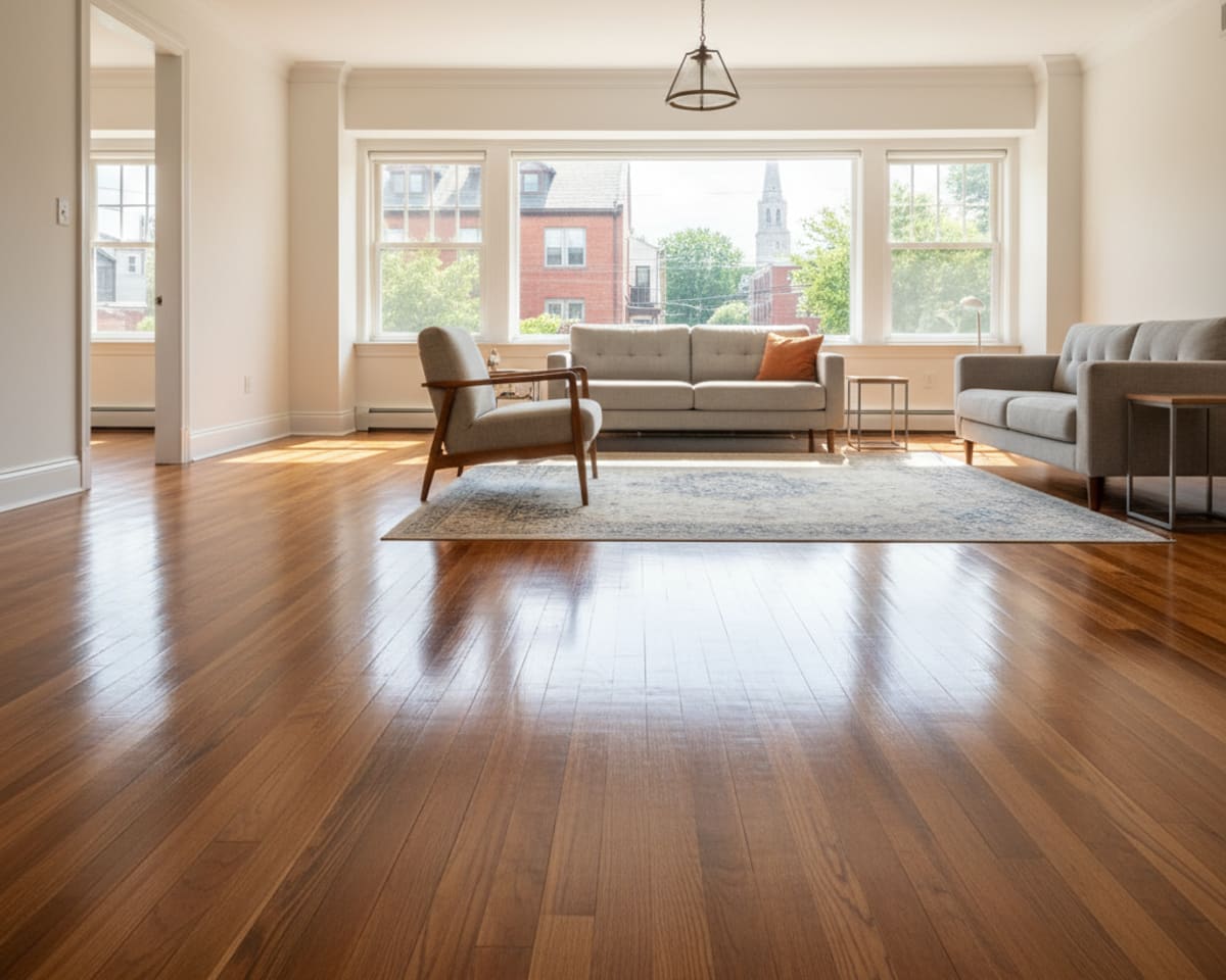 Stunningly refinished hardwood floor in a Staten Island home, showing reflections