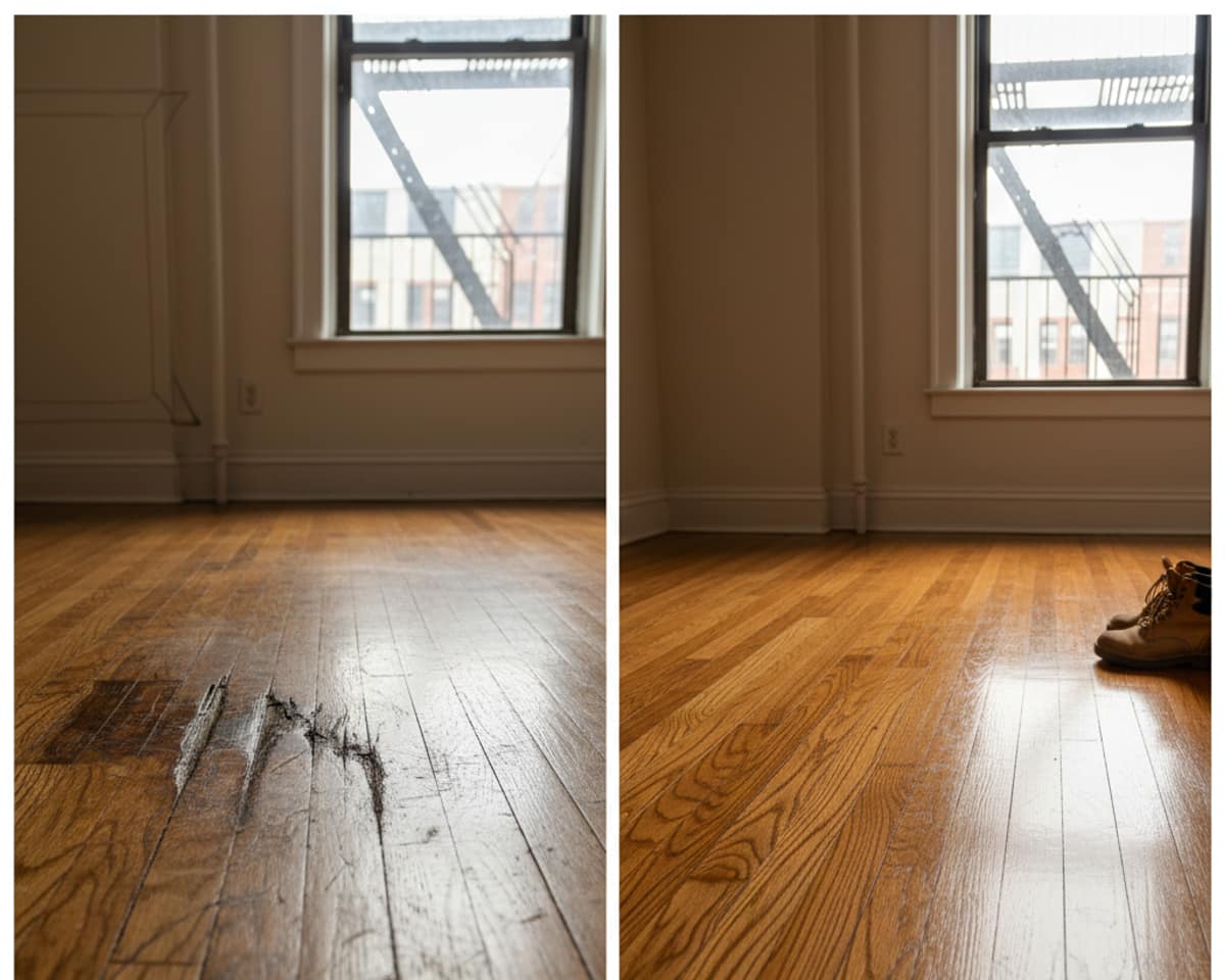 Before and after comparison of a repaired hardwood floor, showing restoration of damaged planks in a Bronx residence