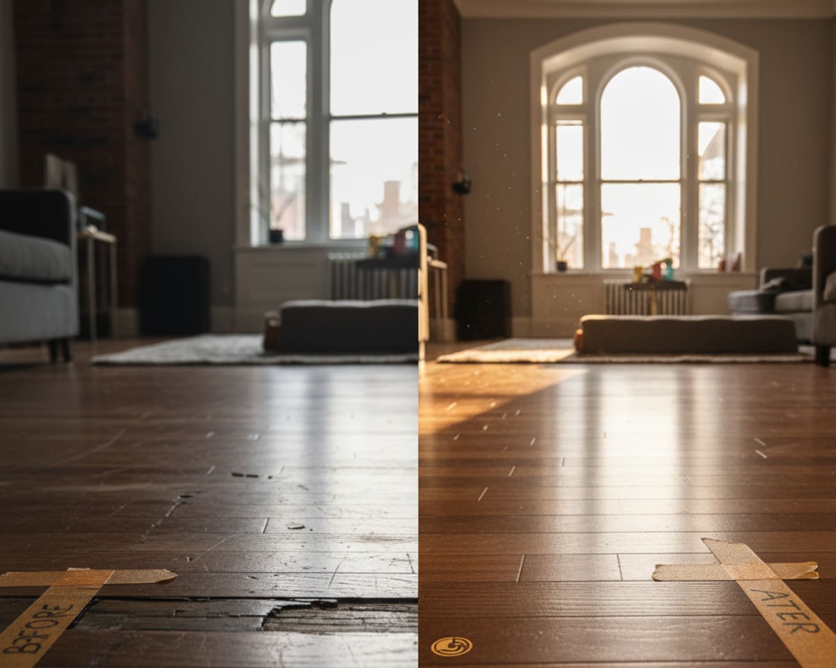 Before and after comparison of a damaged hardwood floor expertly repaired by Five Boro Flooring & Hardwood