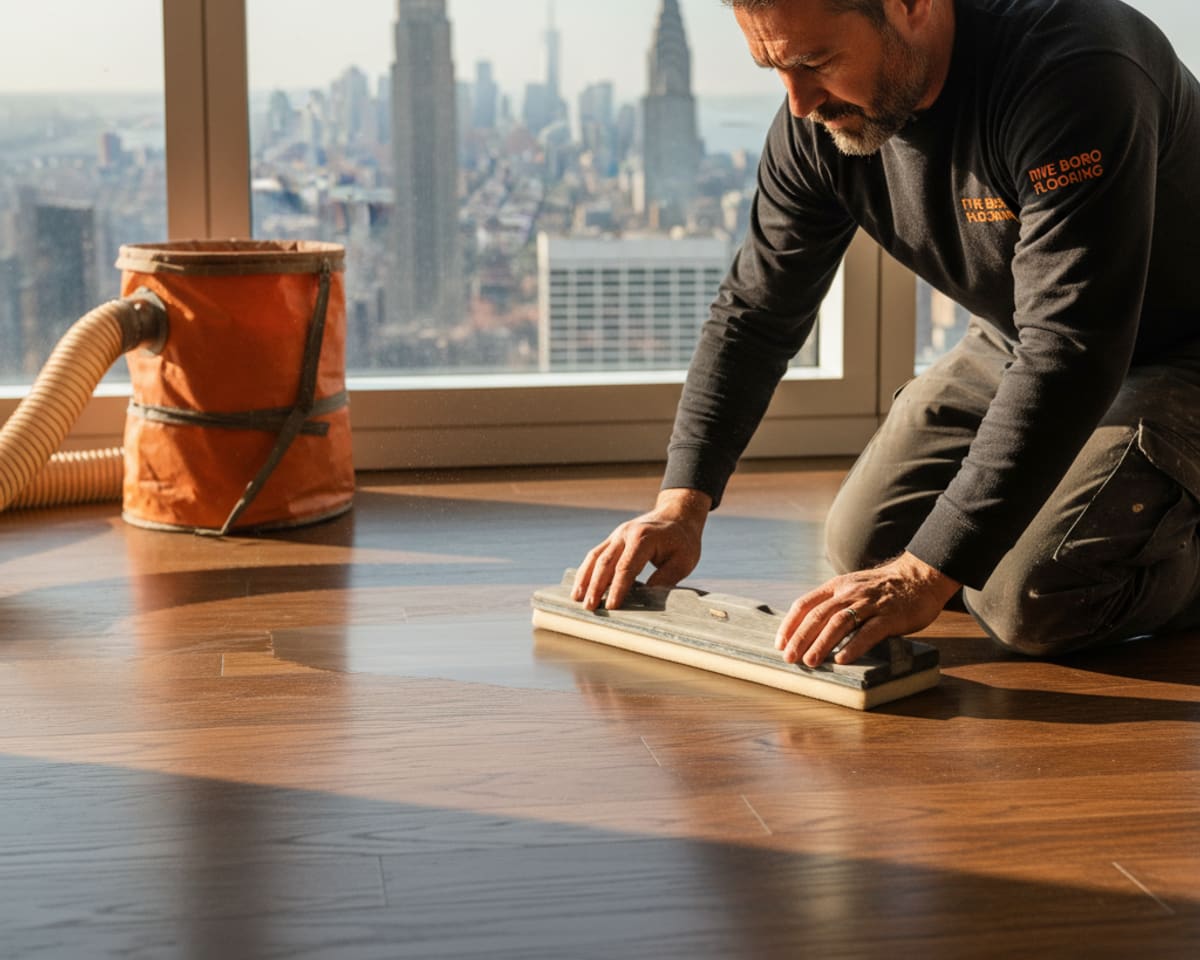 Skilled craftsman smoothing a newly repaired section of hardwood floor in a modern Manhattan high-rise